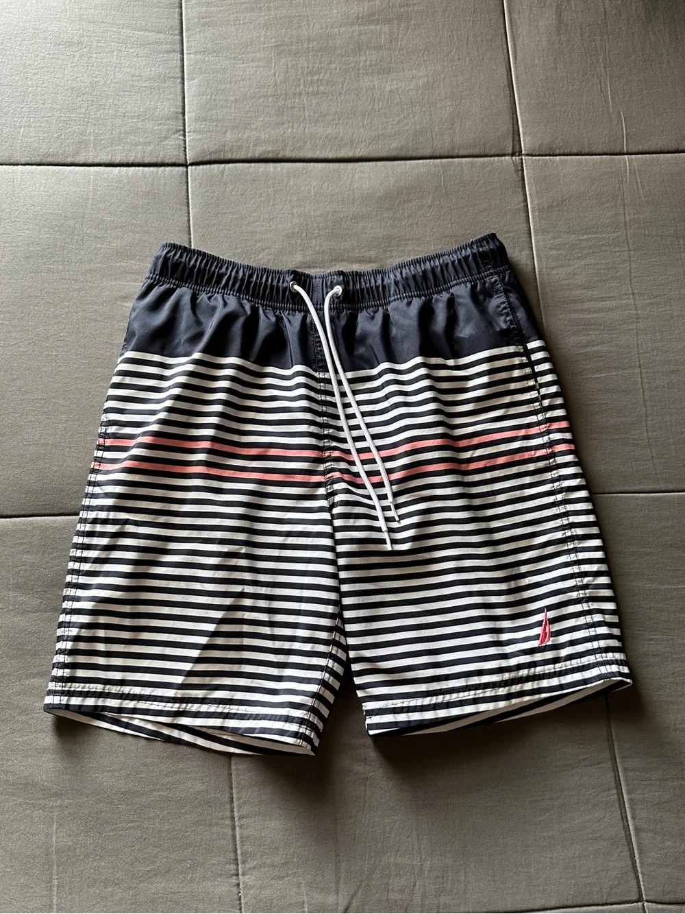 Nautica Men’s Navy & White Striped Swim Trunks with Red Accent